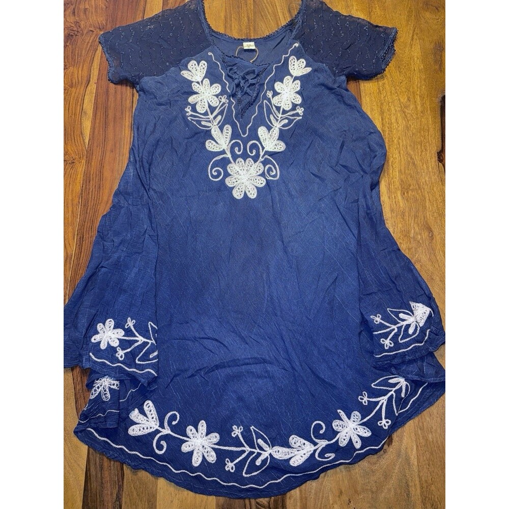 Riviera Sun Navy Blue White Floral Hem Boho Mini Dress Women XXXL Beach NWT New